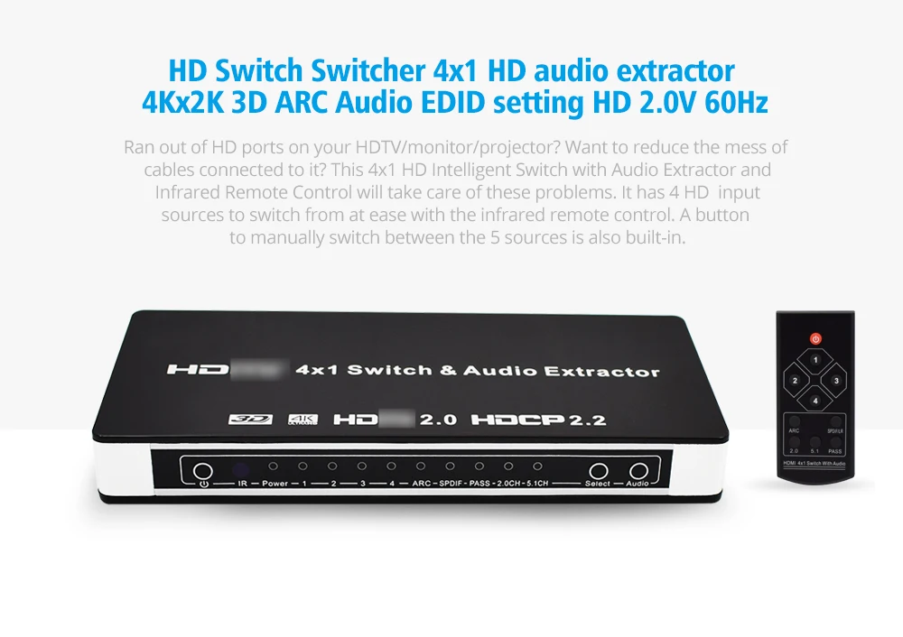 ThundeaL HDMI 2,0 4 к 1 HDMI переключатель аудио экстрактор для xbox DVD tv 4x1 2,0 HDMI коммутатор 4 к 60 Гц 3D ARC видео аудио SPDIF RCA