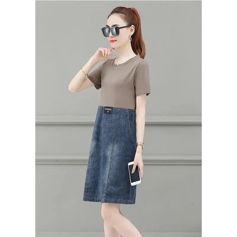 Платье женское джинсовое средней длины элегантная хлопковая футболка из денима