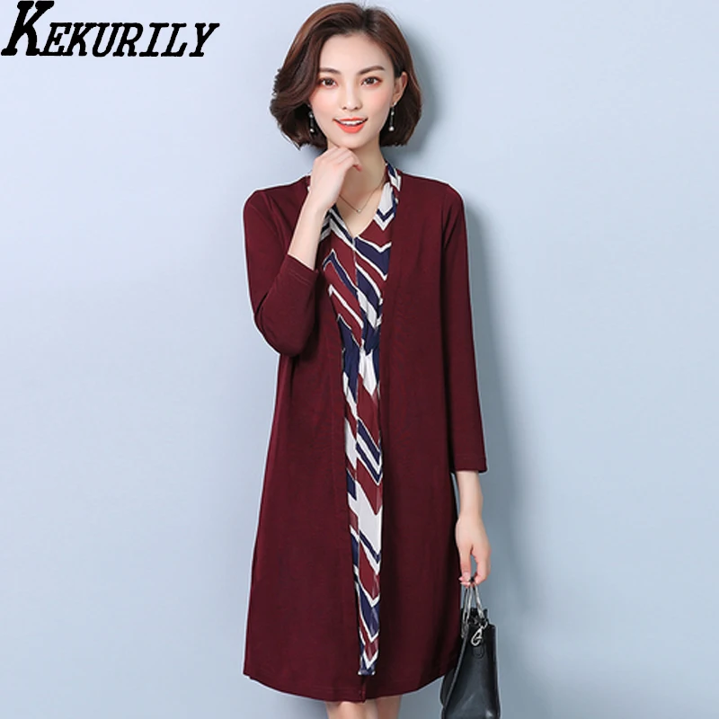 Kekurily Поддельные 2 шт. костюмы с платьем Длинные рукава Туника зимнее платье