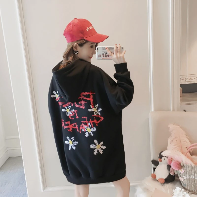 Женская толстовка с капюшоном толстая бархатная средней длины длинными рукавами