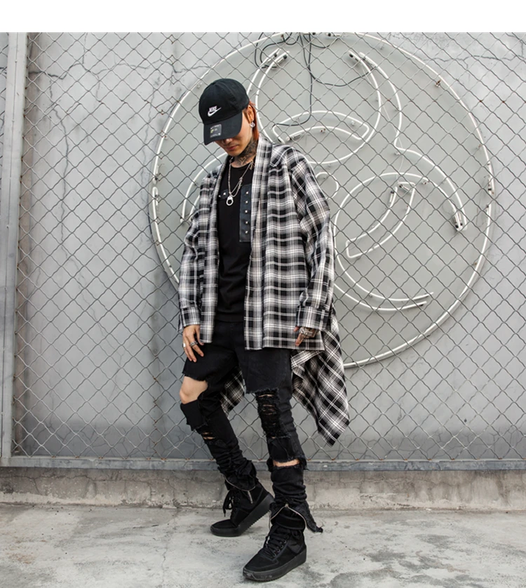 Рубашка мужская клетчатая с длинным рукавом удлиненная Свободная блуза в стиле