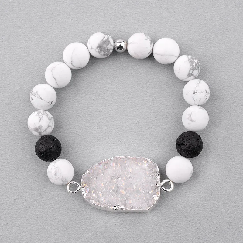 White Howlite White BOJIU эластичный Натуральный Камень Груша Druzy браслеты с подвесками для женщин ручной работы 8 мм Агаты Howlite оникс Лава бусины браслет подарок BC283 - Окраска металла: White Howlite White