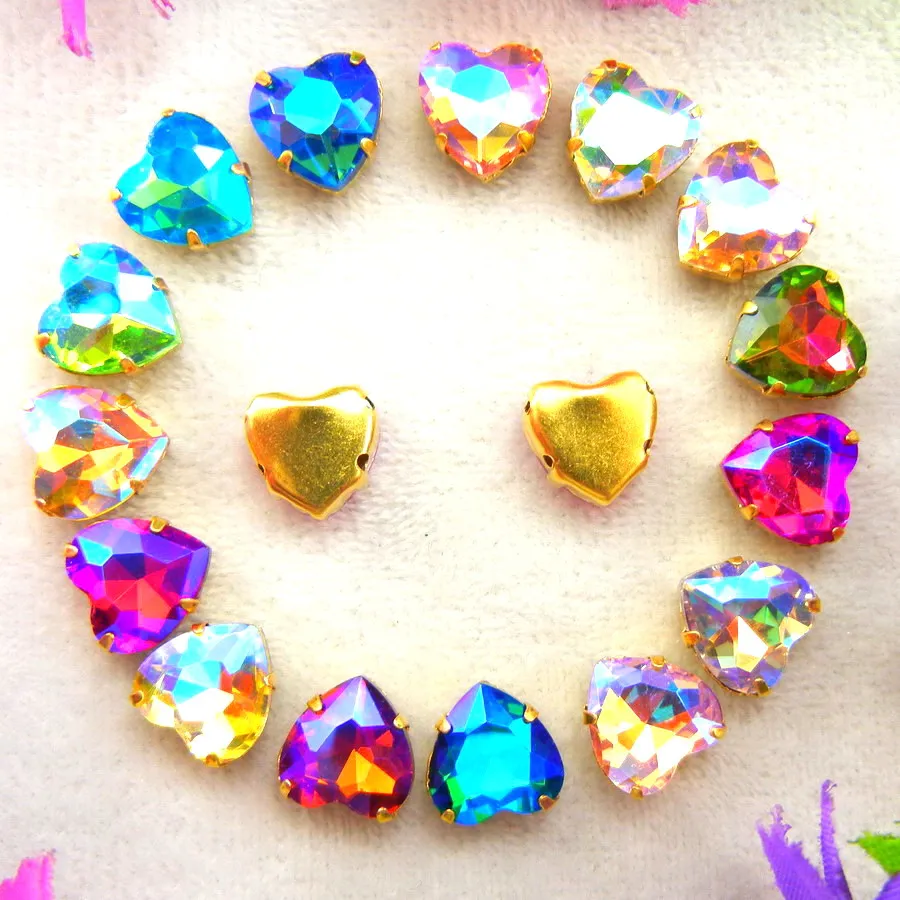 AB цвета настройки золотого когтя 7 размеров в форме сердца Пришивные стеклянные