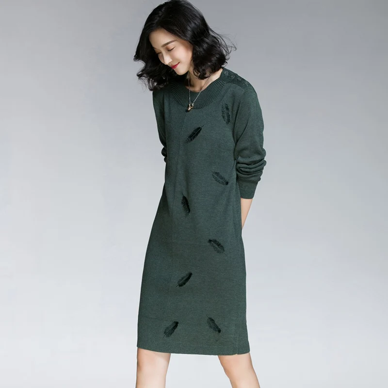 Платье свитер с длинным рукавом и О образным вырезом трикотажное осенне зимнее