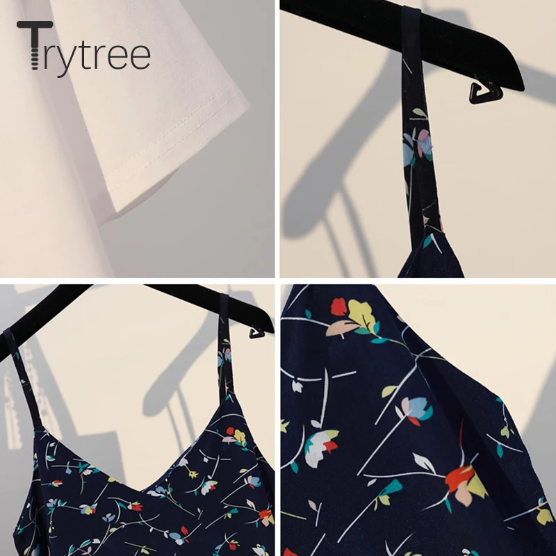 Trytree летний женский повседневный комплект из двух предметов хлопковый однотонный топ+ платье цветочный оборки подол до середины икры Слинг платье костюм комплект из 2 предметов