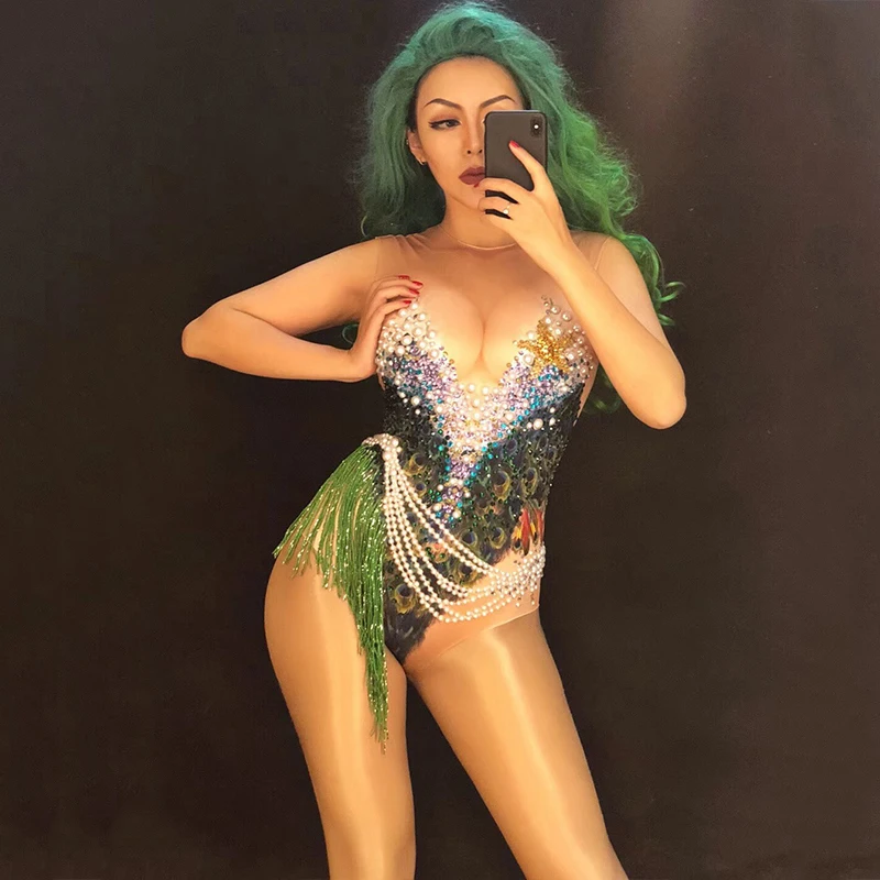 

Jazz Costume Sexy Women Rhinestone Bodysuit For Singers Peacock Pole Dance Clothing DJ Rave Clothes Nightclub Jumpsuit DNV10538