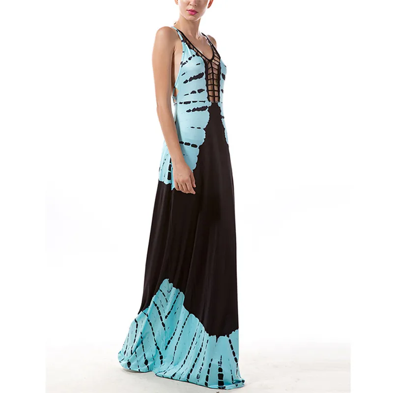 Синие летние пляжные Стиль Для женщин длинное платье Холтер v-образным вырезом Sexy