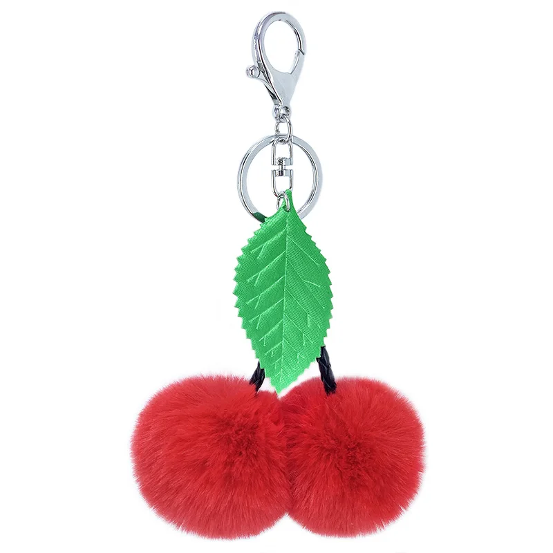 

New fruit cherry shape furry ball keychain PU plush key ring pendant ladies bag car accessories small gifts