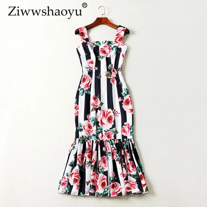 Ziwwshaoyu новейшее летнее модное платье для подиума женское платье в полоску с великолепным розовым принтом бретелька Русалка платье - Цвет: Многоцветный