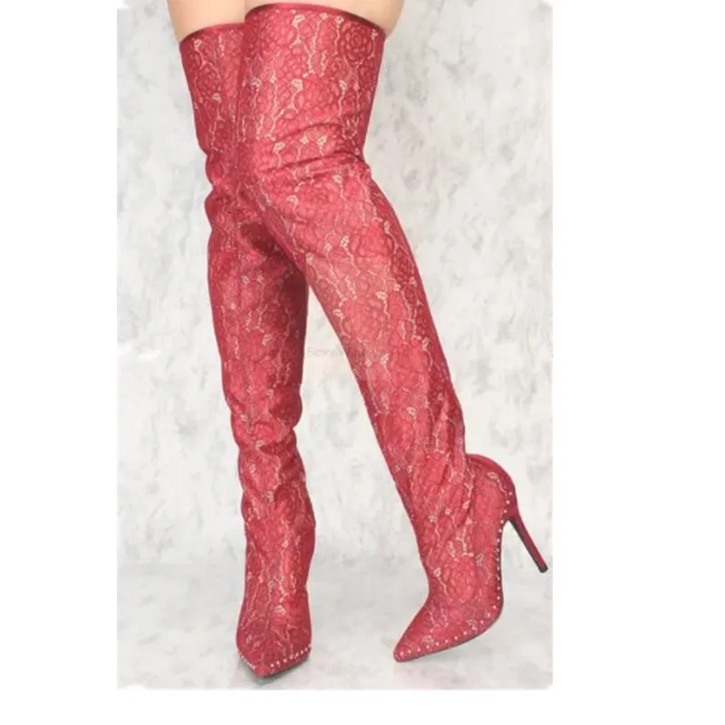 

EMMA KING Lace Womens Boots T-Stage Party Shoes Back Zipper Over The Knee Rivet Big Size 43 Thin High Heels Shoes Pointed Toe