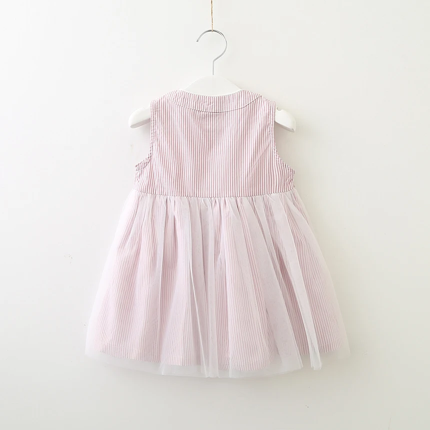 Hurave bow striped botton mesh summer Baby Girls Dress Clothes Children Sleeveless Kids Crew Neck causal Dresses | Детская одежда и