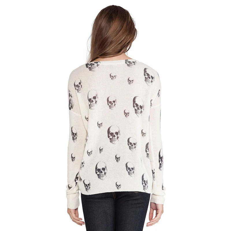 Hodoyi Women Fashion Halloween Long Sleeve Sweater Chic Print Solid Grey Skull Pattern O-neck Skeleton Cuff Hem Knitted | Женская одежда