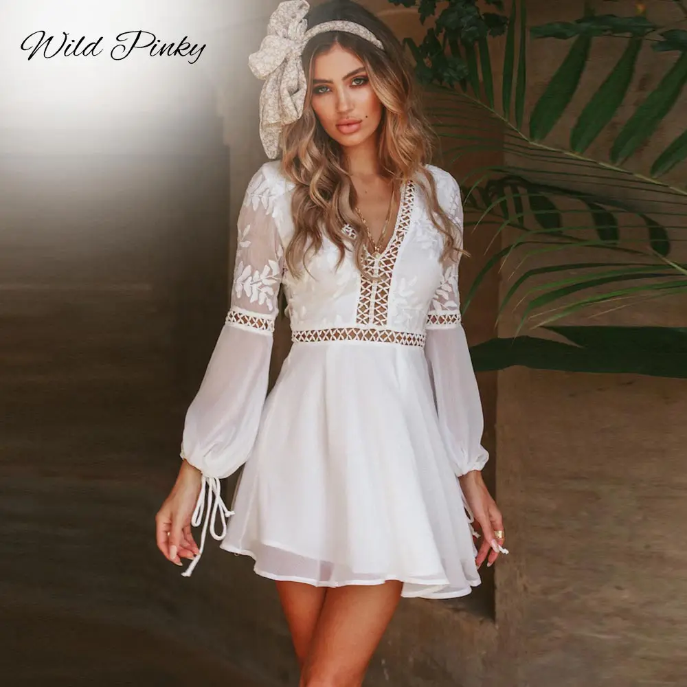 Женское короткое платье с длинным рукавом и V образным вырезом из органзы|Женские