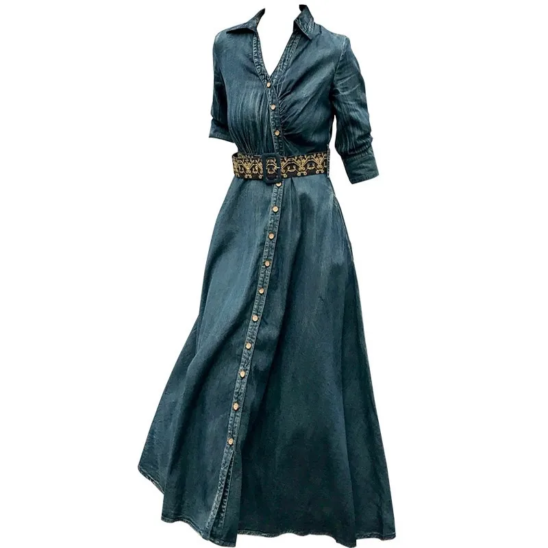 Женское джинсовое платье с поясом облегающее v образным вырезом и рукавами