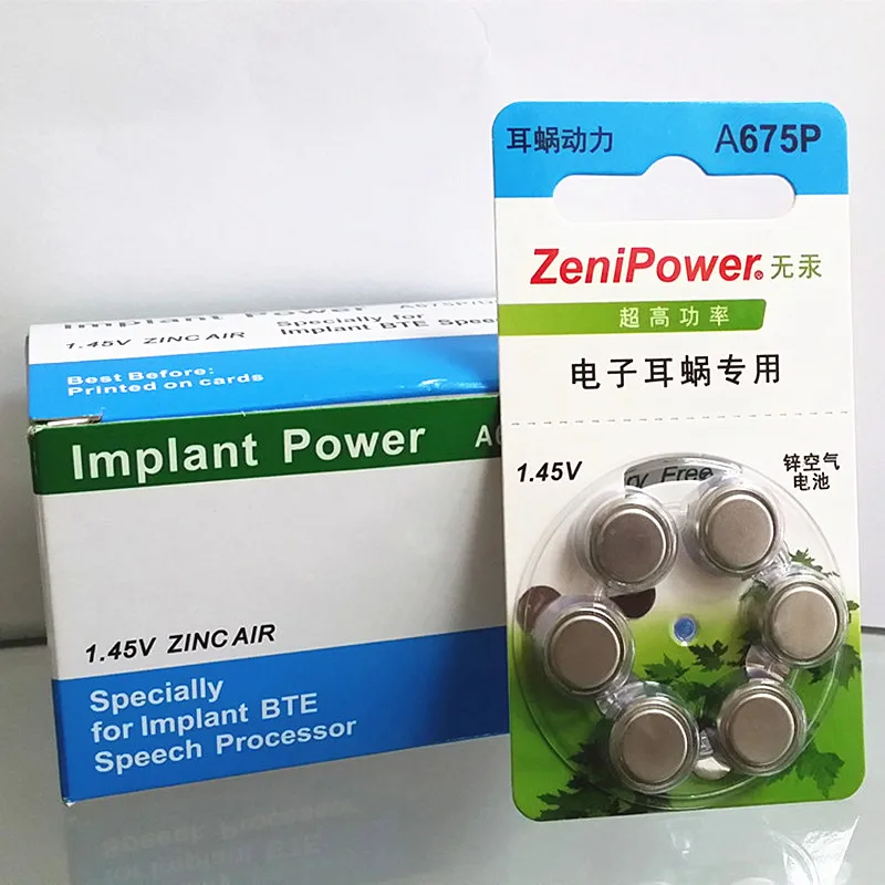 60 шт. батареи ZeniPower Cochlearar для слухового аппарата. Цинковая батарея Air 675P/A675P/PR44P
