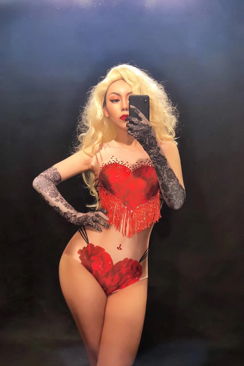 Stage Women Sexy Red Tassel Crystlas Bodysuit Sleeveless 3D Printing Flowers Nightclub Party Dancer Singer Stage Wear Costumes