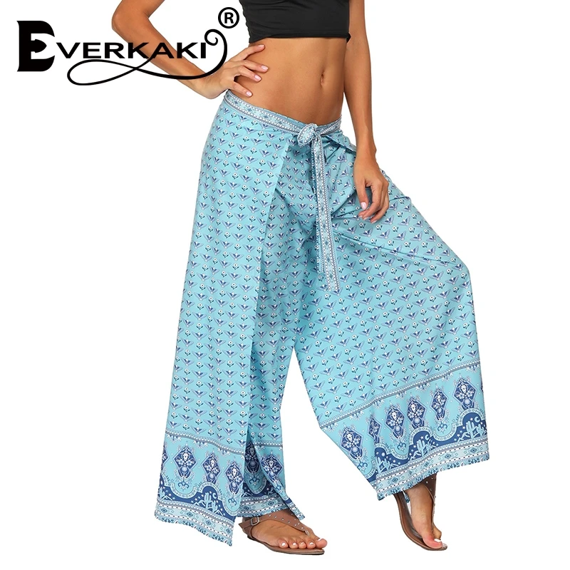 Everkaki Casual High Waist Wide Leg Pants Women 2019 Summer Beach Split Trousers Female Holiday Vintage Floral Prints | Женская одежда