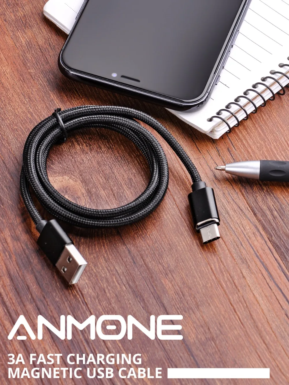 Магнитный кабель ANMONE type-C для быстрой зарядки, кабель USB C, 1 м, 2 м, шнур для передачи данных на базе Android, кабель для быстрой зарядки мобильного телефона, Магнитный провод usb type-C