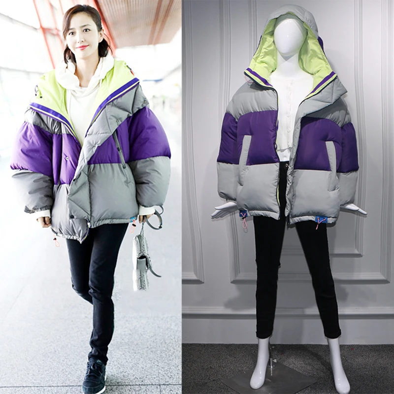 Новый негабаритных Свободные зимнее пальто Для женщин контраст Цвет лоскутное