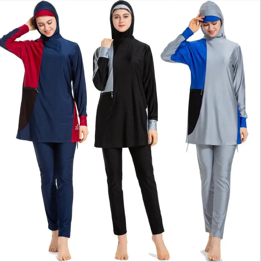 

Burkini Maillot De Bain Hijab Femme 2019 Ladies' Swimwear Modesty Muslim Swimsuit Zipper Stitching Covers 3 Piece Burkinie 6XL