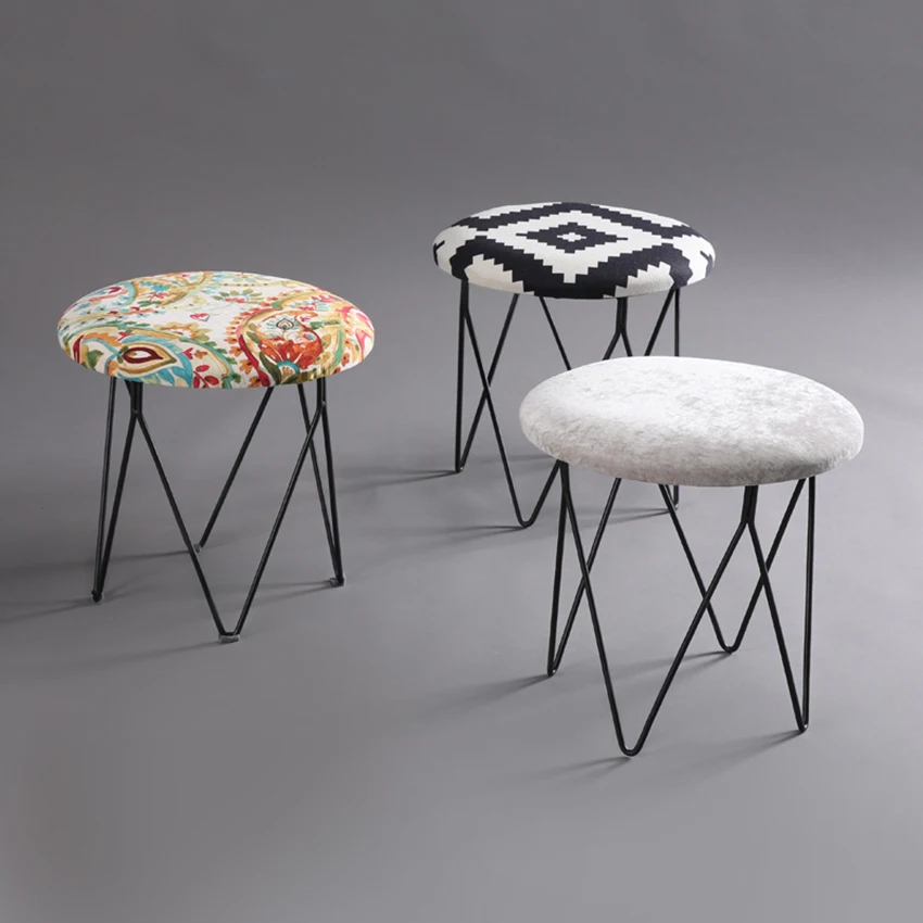 

American Style Modern Luxury Upholstered Mushrooms Footstool Round Covered Stool + Iron Leg (4 Legs) Home Furniture