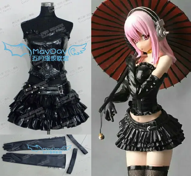 Супер Sonico сексуальная без бретелек Черная лакированная кожа GK Ver Косплей Костюм