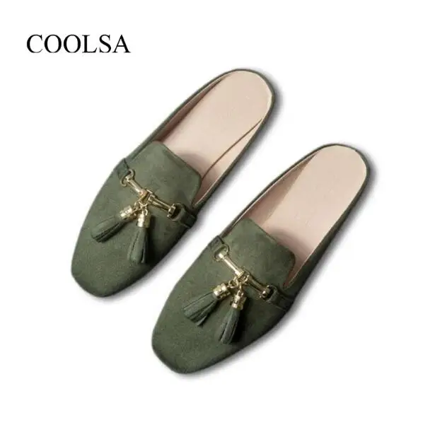 Green COOLSA/Новинка; женские шлёпанцы; дизайнерские шлёпанцы с кисточками и цепочками; шлепанцы с металлической пряжкой; женская качественная обувь из флока; сандалии на плоской подошве для отдыха; большой размер 11 - Цвет: Green