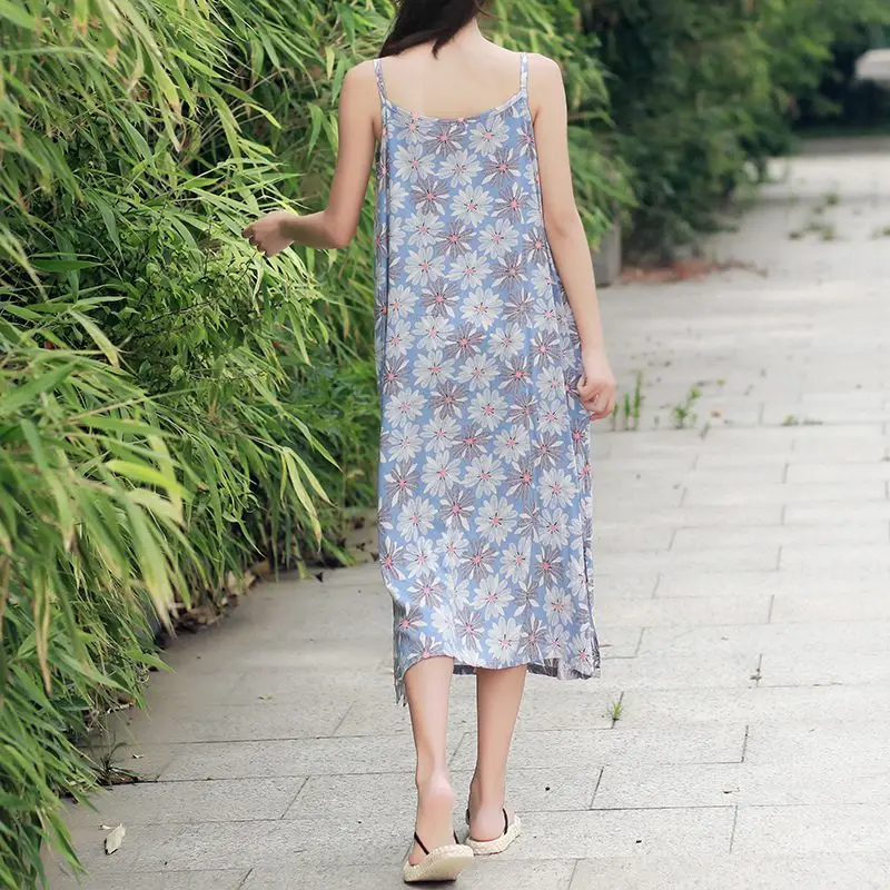 O-neck Cotton Flower print Sleeveless Women Summer Dress Casual Cute Long Strap Original Design Floral Robe Vestidos C135 | Женская