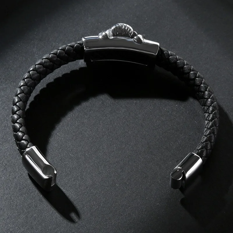 Браслет из нержавеющей стали и браслет черный плетеный кожаный Мужские