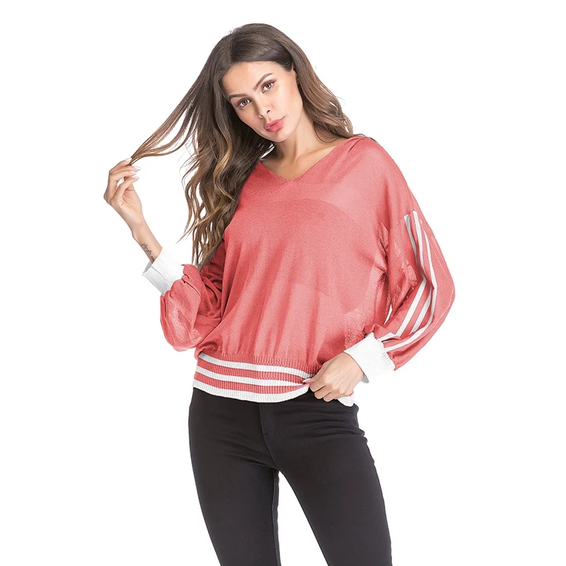 Женская блузка в полоску с v образным вырезом и рукавами летучая мышь свободный