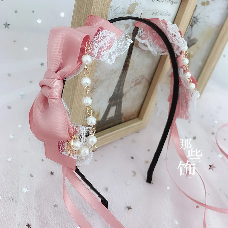 Японский DIY аксессуары для волос Лолита двусторонний бант лента повязка Мягкая сестра Лолита KC повязка на голову шпилька - Цвет: Bean powder