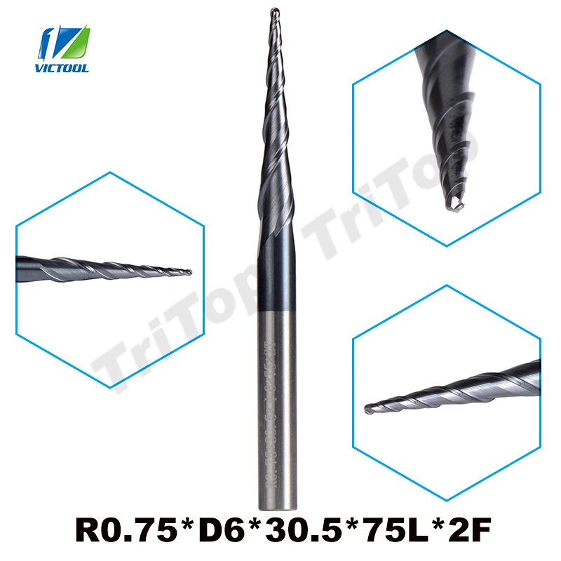 Концевые фрезы R0.75 * D6 30 5 75L 2F твердосплавные 6 мм конические сферические насадки 2