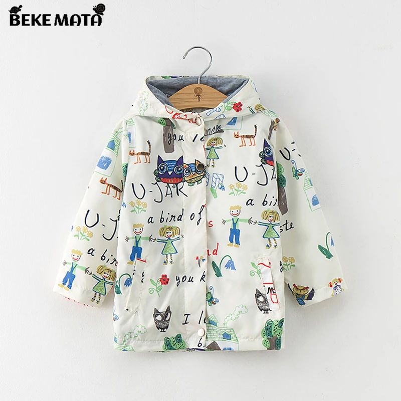 Зеленый BEKE MATA/детские куртки с героями мультфильмов для девочек; коллекция года; Весенняя ветровка с капюшоном на молнии и граффити; детская верхняя одежда с длинными рукавами и рисунком Совы; пальто - Цвет: Зеленый