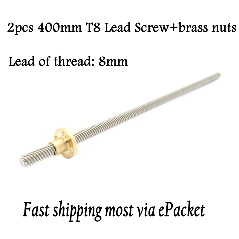 

2pcs Length 400mm T8 Lead Screw/Thread Rod lead 8mm Dia 8MM Pitch 2mm with free Copper Nuts for Prusa I3 3D printer&CNC parts