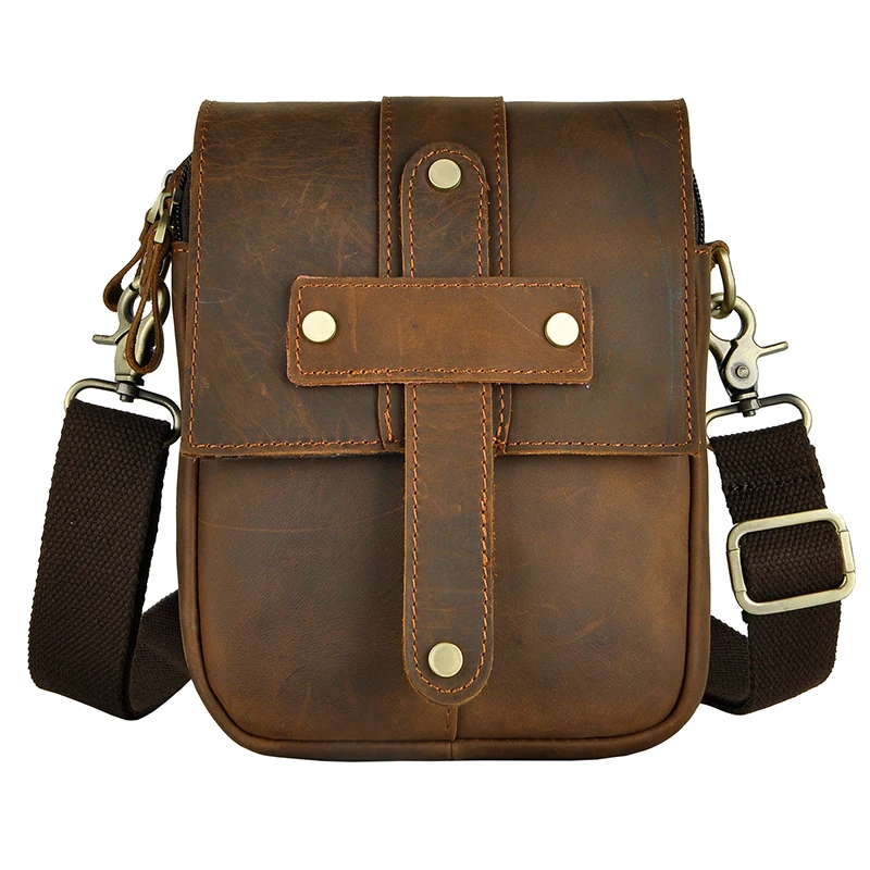 Cinto de Cintura Bolsas do Mensageiro dos Homens Retro Pequeno Bolsa Pacotes Cera Óleo Genuíno Couro Vaca Viagem Fanny Pacote Vintage 8 Polegadas Marrom Escuro