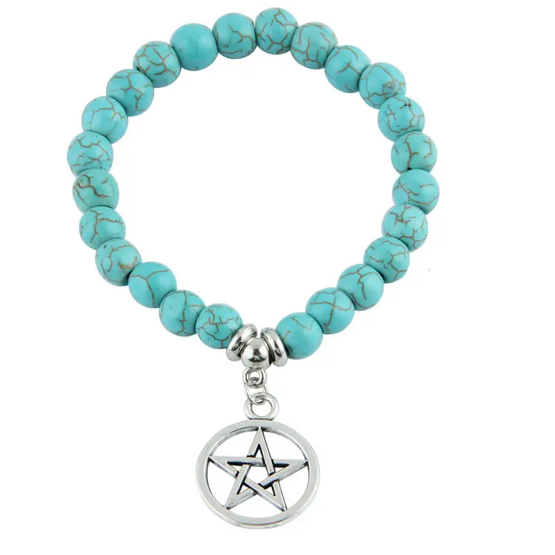 Exquisite Pentagram Star Charms Bracelet Natural Stone Blue Beads Chain Bangle Family Friends Bracelets Women Men Jewelry Gifts | Украшения