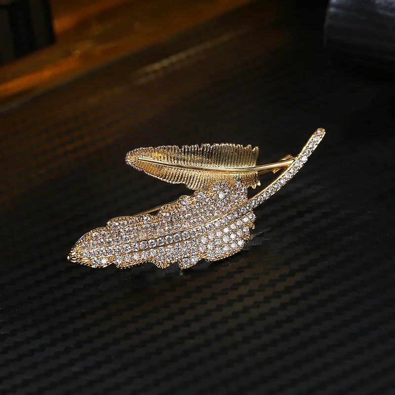 FYM серебряный цвет блестящий AAA кубический цирконий перо булавка брошь для женщин