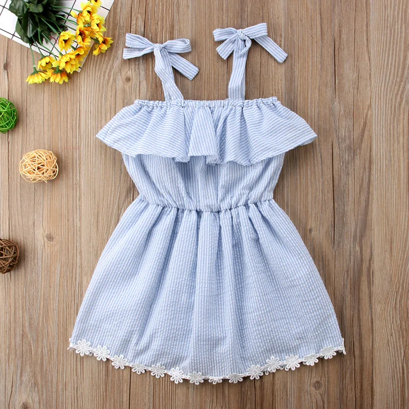 2018 Summer New Toddler Kids Baby Girl Off shoulder Cape Collar Lace Striped Romper Dress Sundress Clothes | Детская одежда и