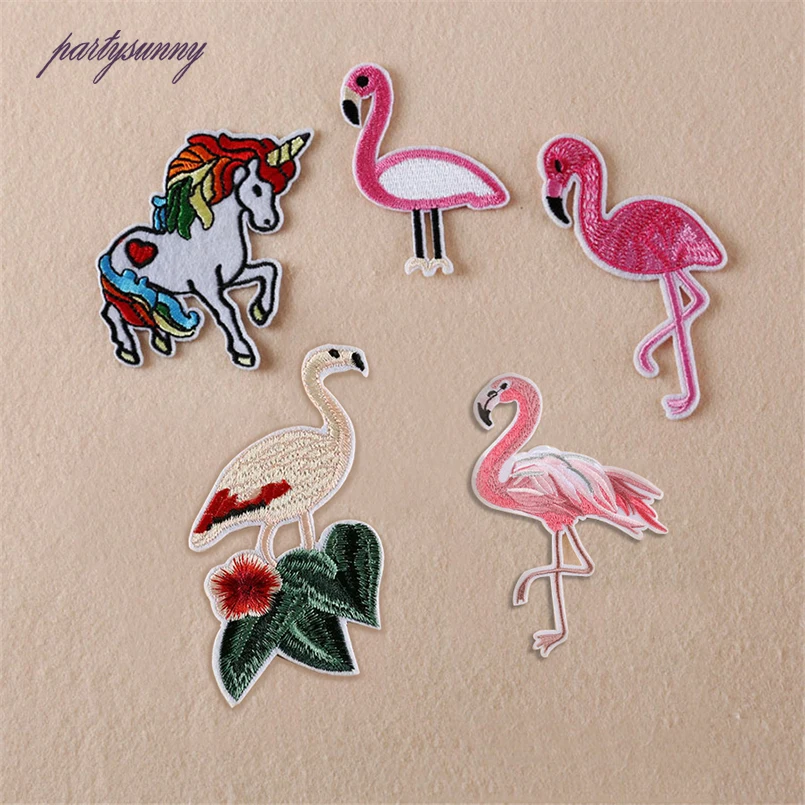 PF 7 шт./лот Единорог патчи утюг на шитье вышивка патч Фламинго ткани значки