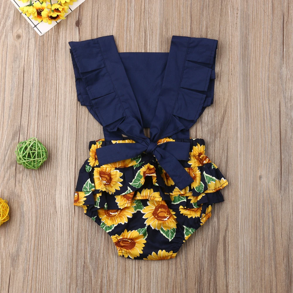 Toddler Baby Girls Sunflower Bodysuit Ruffles Short Sleeve Print Jumpsuit Outfit Set Sunsuit Clothes |