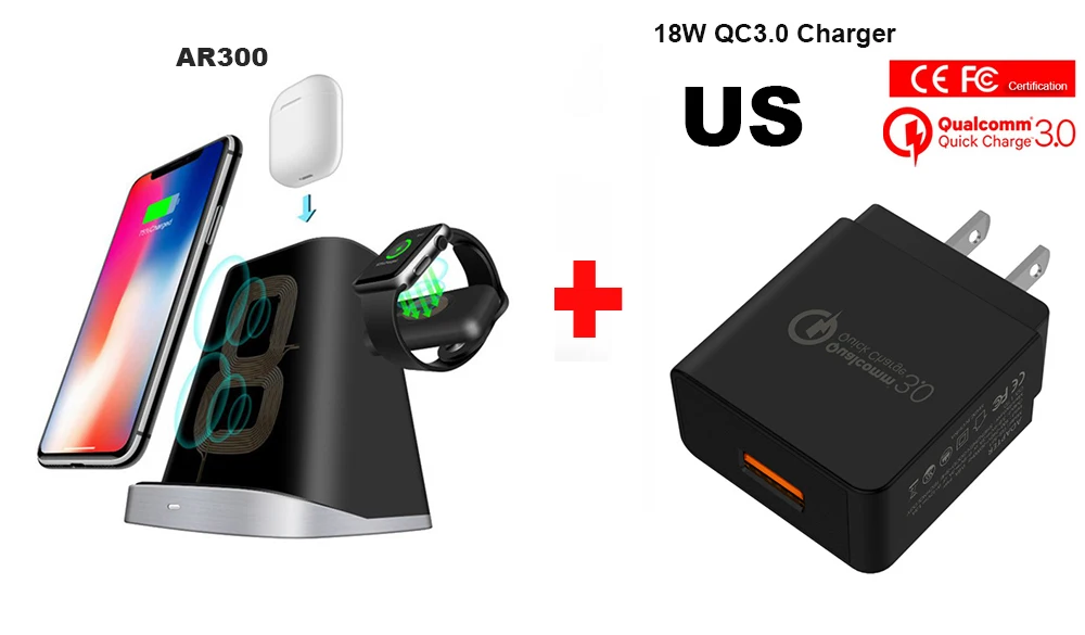 ADD QC3.0 charger US 10 Вт Беспроводное зарядное устройство подставка для iPhone Apple Watch Airpods Быстрое беспроводное зарядное устройство для iWatch 1 2 3 - Тип штекера: ADD QC3.0 charger US
