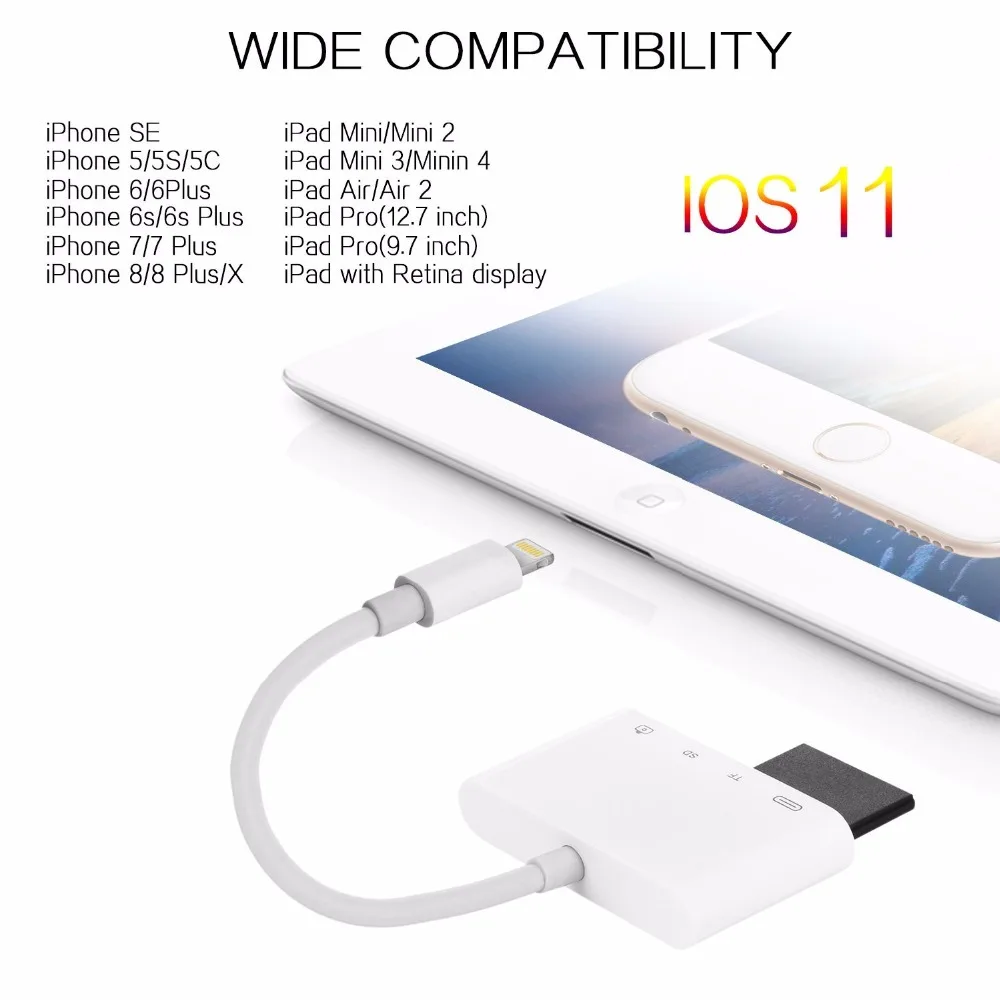 Кард ридер Leadzoe Lightning 4 в 1 SD/TF карта Комплект для подключения камеры к USB камера OTG