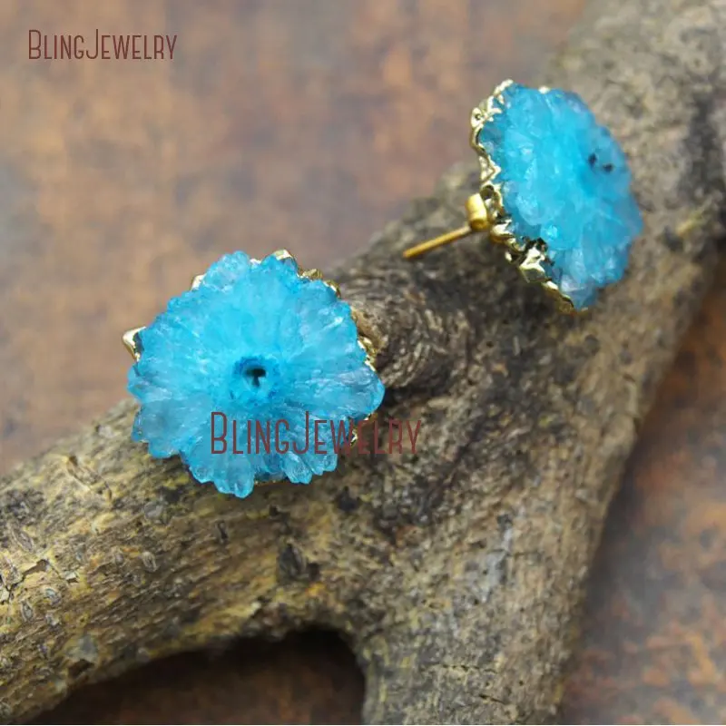 Кварцевые сережки гвоздики ER11613 с синим кристаллом срез камня|earrings tongue|electroplating