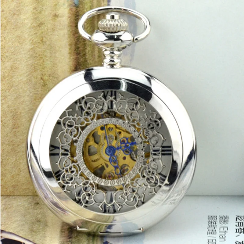 WOONUN Brand Retro Skeleton White Dial Silver Case Roman Numeral Analog Jewelry Clock Chain Men Mechanical Pocket Watch Gift | Наручные