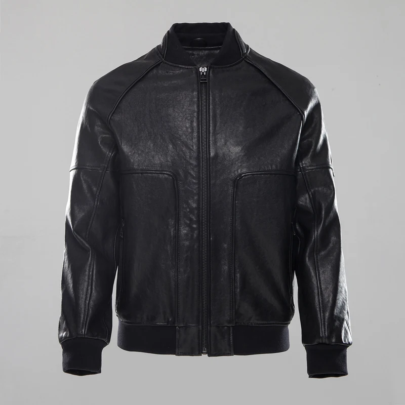 

Factory 2018 Men's Genuine Leather Jacket Vegetable tanning black Sheepskin Short Bomber Motorcycle Biker Jackets Winter Coats