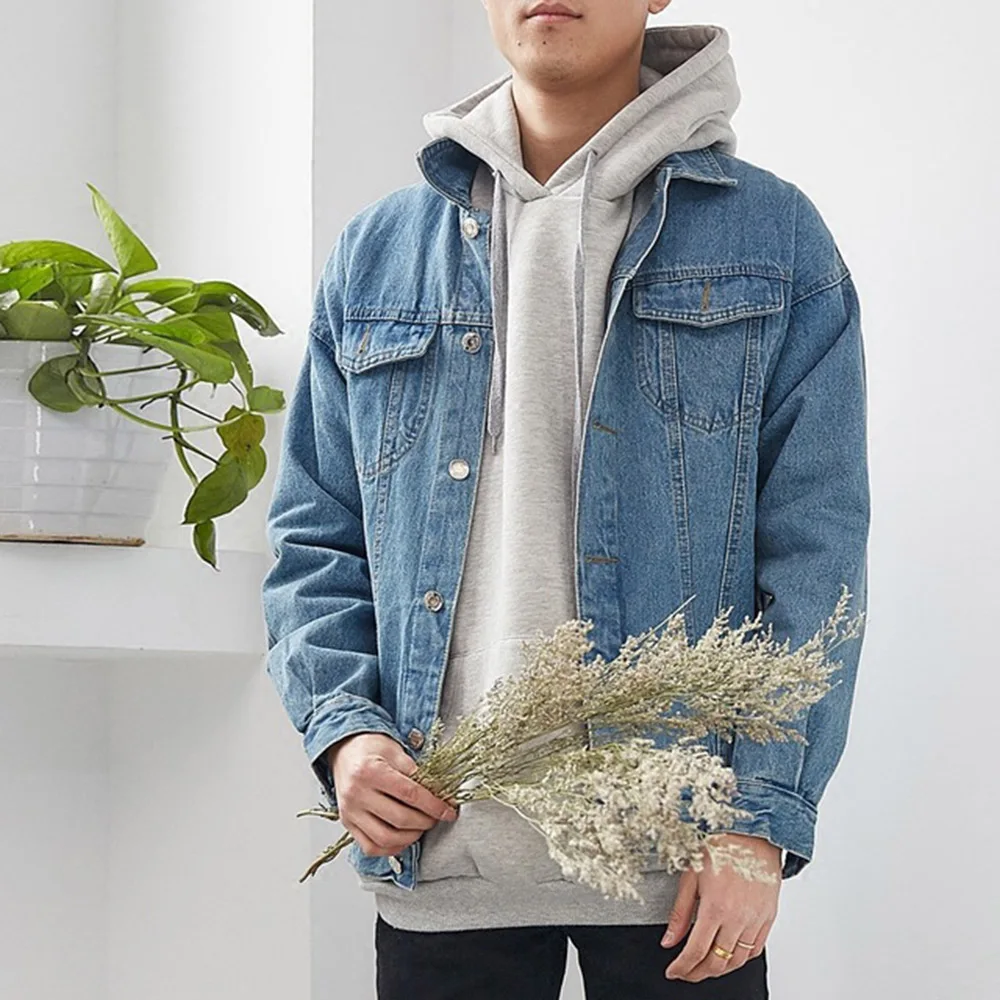Мужская джинсовая куртка в стиле хип хоп облегающая бомбер из чистого хлопка с