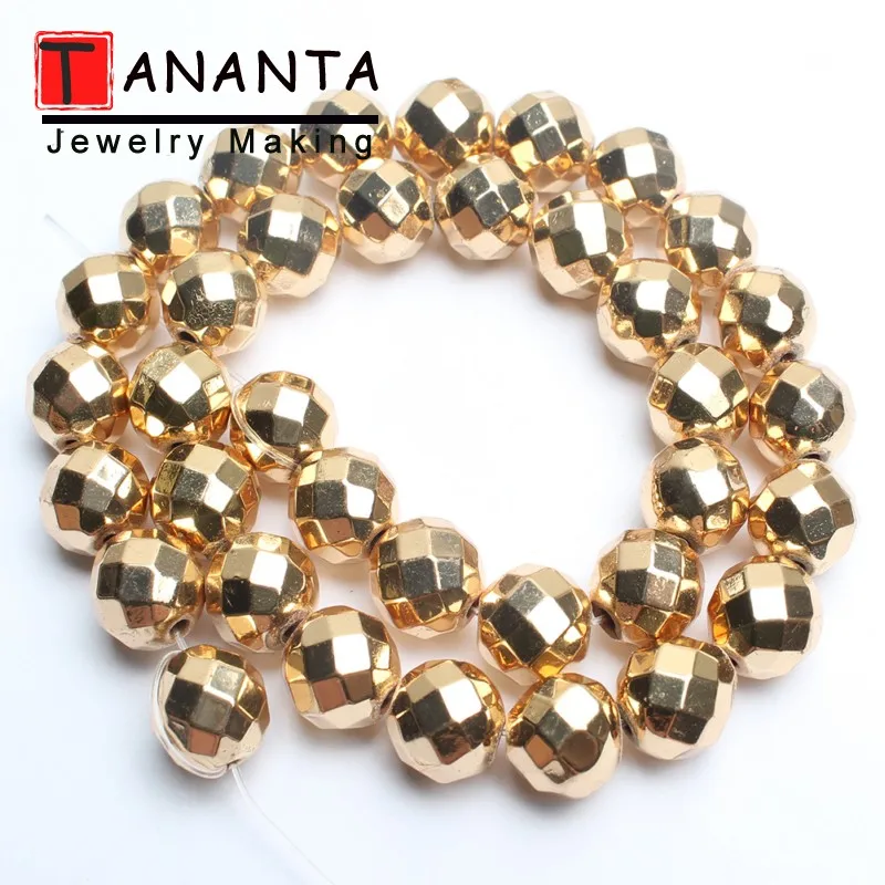 Faceted 14k Gold Бусины из натурального камня граненые матовые розовые золотые черные гематитовые Круглые бусины для самостоятельного изготовления ювелирных изделий браслет ожерелье 4 6 8 10 мм 15'' - Цвет: Faceted 14k Gold