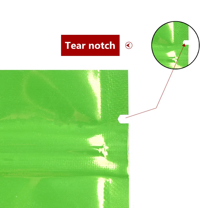 

Wholesale 100pcs Glossy Impressive Green Foil Zip Lock Gifts Bags Jewelry Snack Beads Spice Cereals Shampoo Soap Packaging Bags