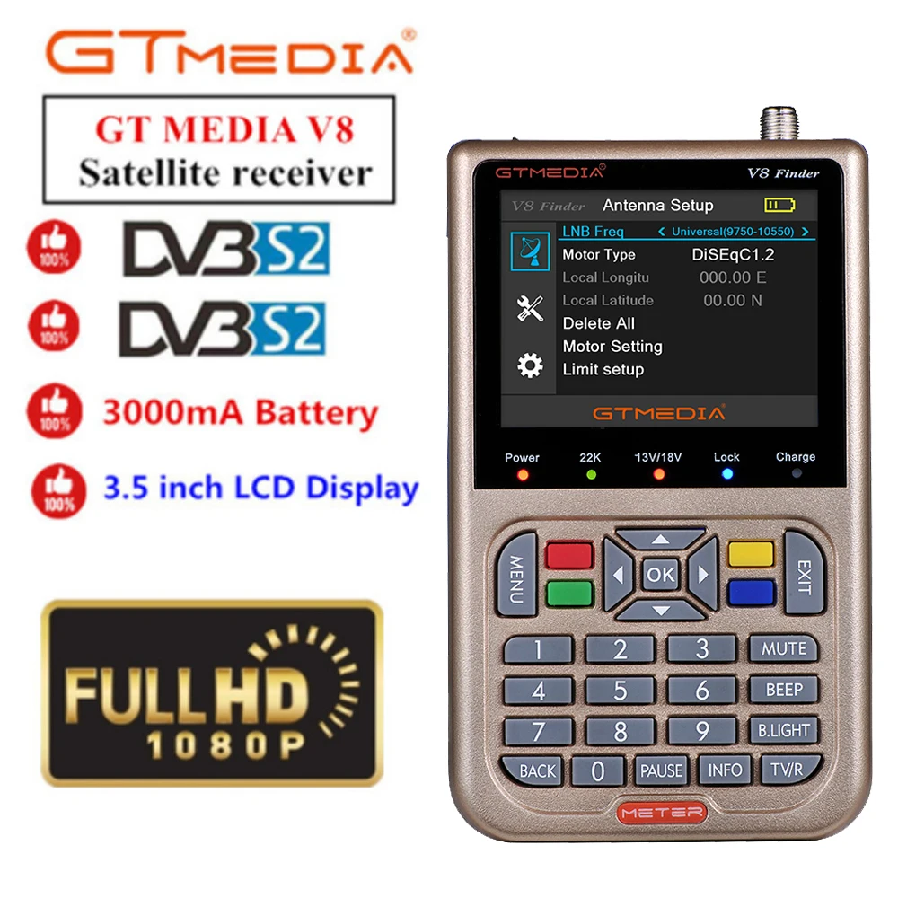 FREESAT/GTMEDIA V8 искатель метр 3," ЖК-DVB-S2/S2X цифровой спутниковый искатель Высокое разрешение H.265 и 3000 мАч батарея Sat Finder