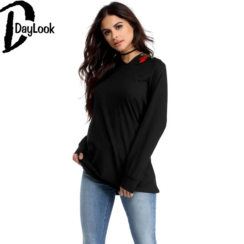 Daylook Chic осень модные женские туфли кофты с длинным рукавом капюшоном черный Blusa Свободные Роза Вышивка